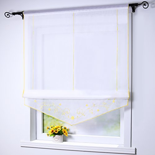 Joyswahl Raffrollo Voile Transparentes Bändchenrollo Lisa mit Tunnelzug Stickerei Gardine BxH 60x140cm Gelb 1er Pack