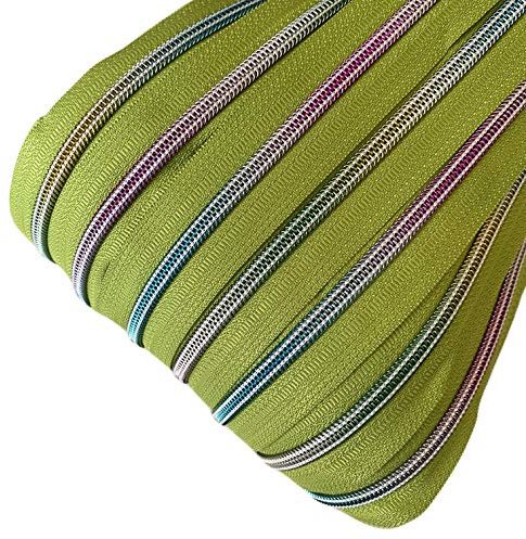 Schnoschi 6 m grüner 5mm endlos Reißverschluss mit Regenbogeneffekt 5 mm Laufschiene + 15 Zipper, Spiralreißverschluss