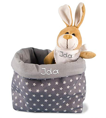 Ostergeschenk Osterkörbchen mit Hasen grau Sterne personalisiert Stoffkörbchen - Geschenk zu Ostern mit Namen Set aus Kuscheltier Hase und Utensilo