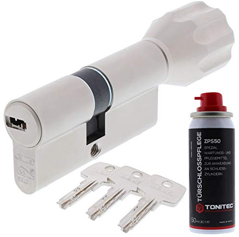 ToniTec Set aus ABUS Zylinderschloss als Knaufzylinder mit Knauf ECK550 mit 3 Schlüssel Größe 65 35K mm + ToniTec Pflegespray