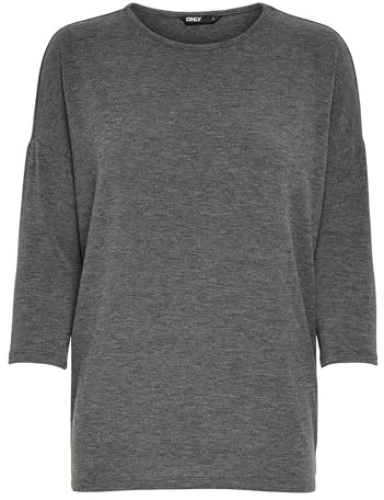 ONLY Women's Thin Knit Sweater 3/4 Sleeve Round Neck Knitted Essential Stretch Jumper ONLGLAMOUR, Colours:Dark Grey, Size:L