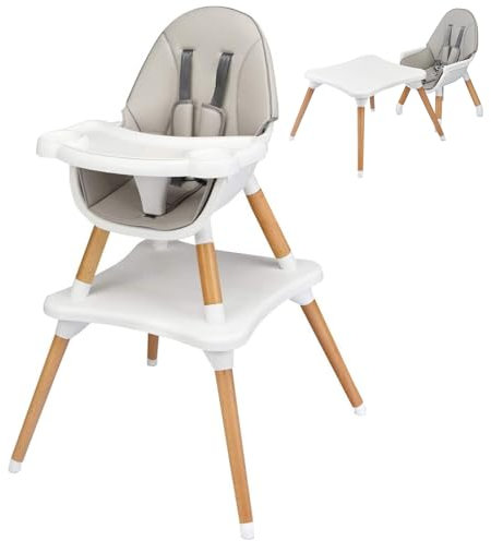 Maxmass 4 in 1 Baby High Chair, Toddler Booster Seats with Removable Tray, PU Cushion and Safety Strap, Convertible Infant Dining Chair and Table Set (Gray)