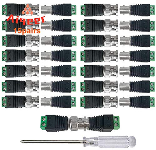Aiqeer Lot de 15 paires d'adaptateurs de connecteurs BNC, connecteur de balun vidéo, connecteur mâle et femelle borniers à vis, pour caméra de surveillance coaxiale Cat5 Cat6 pour caméra de