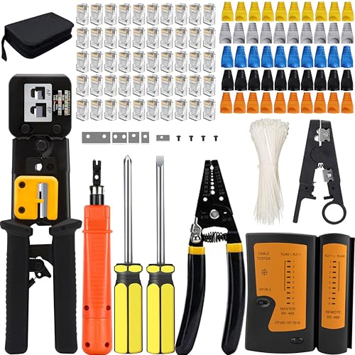 MAYLINE RJ45 Pinza Cirmpatura Strumenti Kit CAT5 CAT6 di Rete Professionali Crimpatrice per LAN Cavi Ethernet RJ11/RJ12 Cat7, Manutenzione del Kit LAN Tester del(grigio)