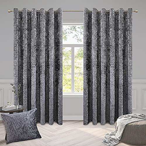 ROOEE Luxury Crushed Velvet Curtains PAIR Fully Lined Eyelet Ring Top For Bedroom, Living Room, Kitchen, Office (Charcoal, 46 Wide x 72 Drop)