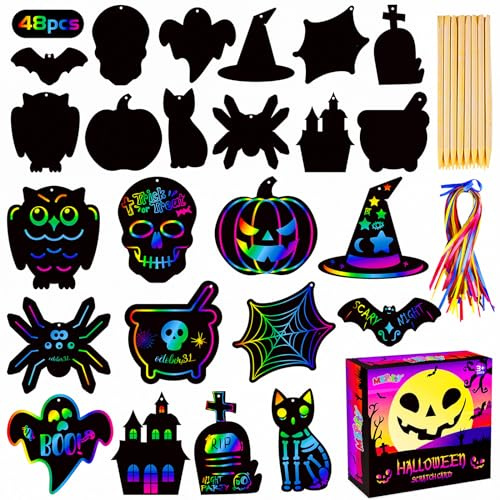 MGparty Carta da grattare per bambini, set di 48 biglietti di carta da grattare per Halloween, decorazioni per Halloween, giochi per feste, regali di compleanno