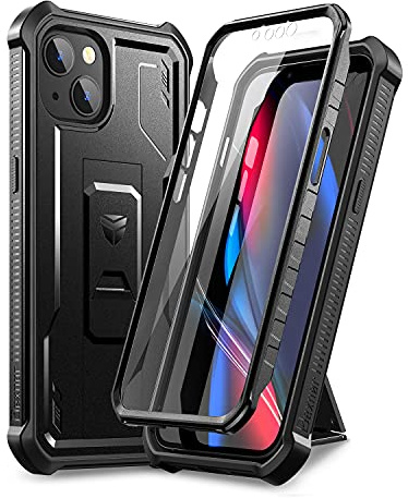 Dexnor - Carcasa para iPhone 13 Mini (5,4) con Protector de Pantalla Integrado, Armadura de Calidad Militar, Resistente a los Golpes, con Soporte, 360 °, Color Negro