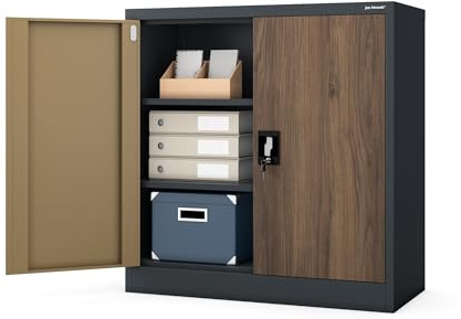Jan Nowak Kleiner Aktenschrank C001B Büroschrank Metallschrank Aufbewahrungsschrank 2 Verstellbare Fachböden Pulverbeschichtet Abschließbar 92,5 cm x 90 cm x 40 cm (Anthrazit-Holzoptik) | Ordnerschrank für 25 Ordner, 2 verstellbare Fachböden je 50 kg, 3-Punkt-Schloss, 2 Schlüssel, Stahl 0,6 mm, Wandmontage