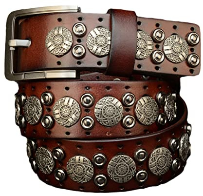 Cinturones con tachuelas de punk rock de metal con remache circular Cinturón vintage de piel de vaca informal de 38 mm de ancho Adecuado para pantalones vaqueros,Café,125cm(42~44)