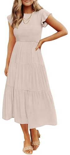 ZESICA Women's 2025 Summer Casual Flutter Short Sleeve Crew Neck Smocked Elastic Waist Tiered Midi Dress,Apricot,Medium
