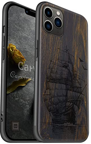 Carveit Coque Compatible avec iPhone 11 Pro Max Étui en Bois [Etui en Bois Rigide Antichoc avec Cadre en TPU] pour 11 Pro Max Case Coque de Protection (Bois Sombre-Vieux Voilier)