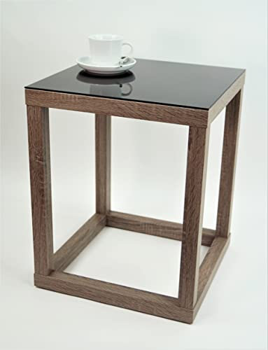 Beistelltisch, Couchtisch, Blumensäule, Dekosäule, Cube, Gestell Sonoma Eiche Trüffel, Glas Schwarz, Verschiedene Größen (60 x 60 x Höhe 50cm)