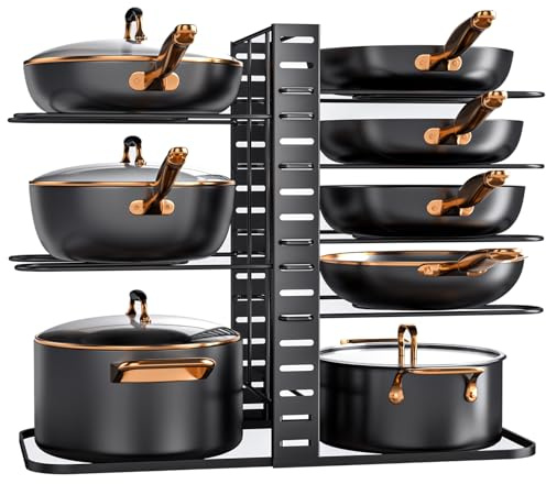 MUDEELA Pots and Pans Organizer Rack under Cabinet 14.55in Height, 8-Tiers Adjustable Pot Rack with 3 DIY Methods, Pot Lid Organizer inside Cabinet for Kitchen Pantry Organization and Storage
