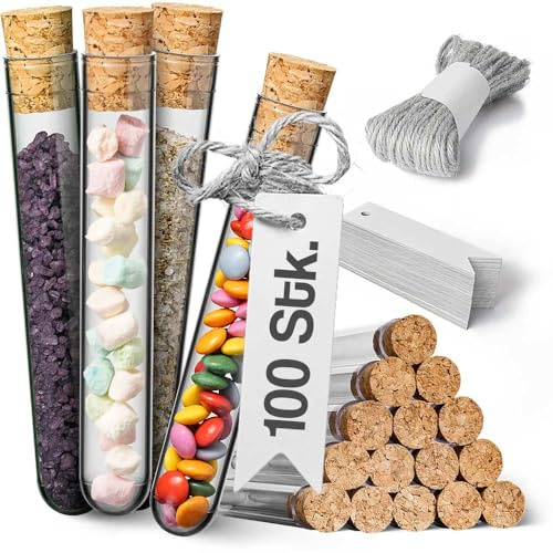 Tuuters 100 Kunststoff Reagenzgläser mit Korken, Etiketten Set (100x16mm) | Reagenzglas mit Verschluss für Geschenke, Blumensamen, Salz Gastgeschenk zur Hochzeit, Taufe Kommunion, transparent, 10m Jute