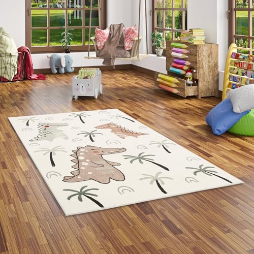 Pergamon Kinder Teppich Weich Kinderzimmer Softstar Kids Lustige Dinosaurier Bunt Beige in 5 Größen