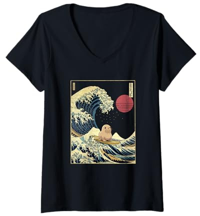 Womens Seal Kanagawa Wave Funny Surf Animal V-Neck T-Shirt