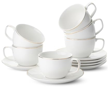 BTaT- Cappuccino Cups with Saucers 6 oz, Set of 6, White Porcelain Coffee Cup and Saucer Set for Latte with Golden Trim Design, Dishwasher Safe, Mocha, Tea, Au Lait, Flat White