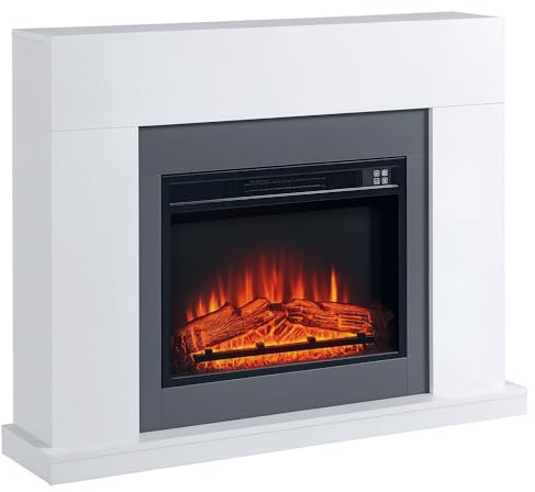 HOMCOM Elektrokamin mit Heizung LED Flammeneffekt 3 Helligkeiten Weiß | Elektrischer Kamin, 2000W Dekokamin, Einstellbarer Thermostat, Elektrisch Kaminfeuer mit Fernbedienung