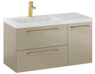 Furni Rosen 90 cm Hängend Waschbecken mit Unterschrank und Gebürsteten Goldenen Griffen Waschbeckenunterschrank Badezimmer Waschtisch mit Unterschrank Waschtischunterschrank