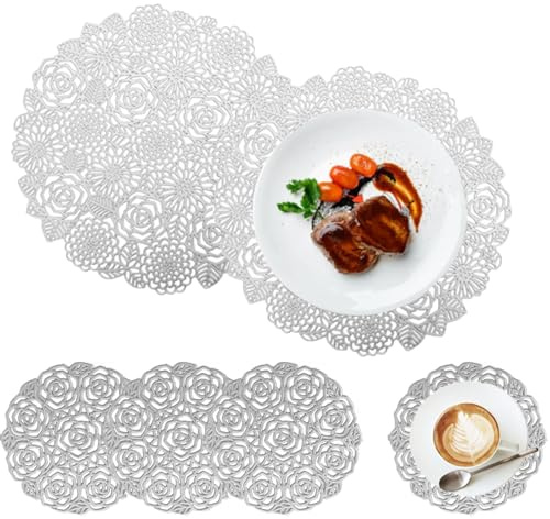 Spldsun Set of 6 Manteles Individuales Redondos y Posavasos, Manteles Individuales Redondos PVC, Manteles Huecos Flores de Plata, para Mesas Decorativas Antideslizantes, Antiarañazos (Plata)