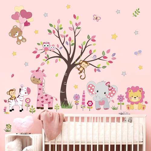 decalmile Wandsticker Waldtiere Baum Rosa Wandtattoo Elefant Affe Giraffe
