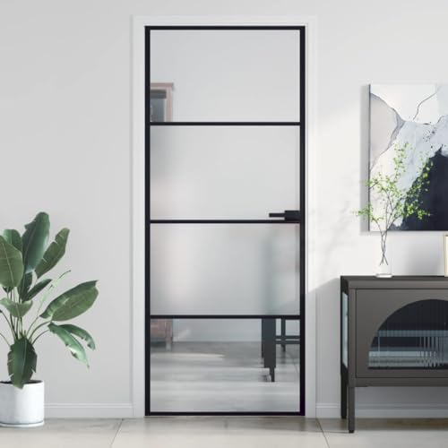 Gecheer Porta,Interna,in Vetro Temperato,e Alluminio,Nero Trasparente e Opaco,3 Barre Orizzontali,83x201,5 cm,Porta per Interno,Porta in Vetro,Porta in Alluminio