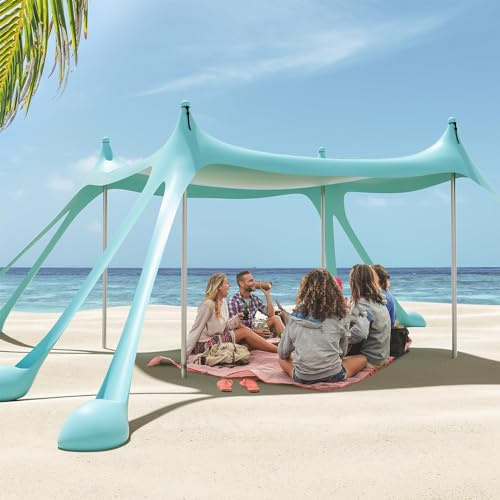 Gardentime Strandzelt, Sonnenschutz, 3 x 3 m, LSF 50+, tragbarer Pop-Up-Schatten mit 8 Sandsäcken, 4 Stangen, 2 Sandschaufeln, Bodenhering für Outdoor, Hinterhof, Camping, Angeln, Picknick, Türkis