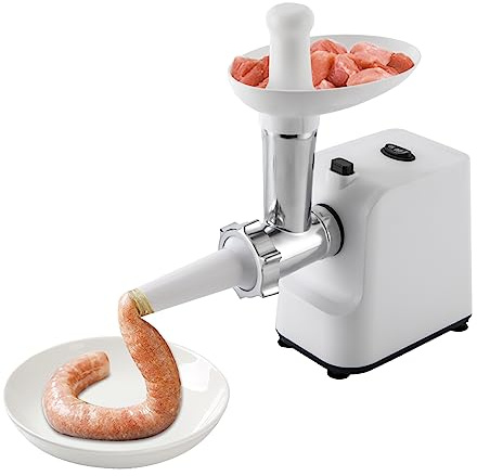 Elektrischer Fleischwolf, Küchenmaschine Meat Grinder mit Wurst Stuffer Tube 3 Edelstahl Loch-Scheiben für Rindfleisch Hammelfleisch Schweinefleisch Huhn Frühstückswurst (Weiß)