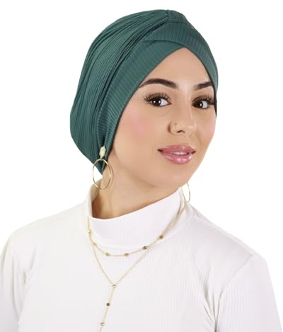 Lamis Hijab Premium jersey ribbad turban för muslimska kvinnor TU-6, Blå grön, One Size