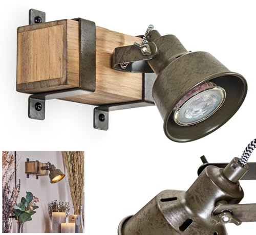 Wandleuchte Pehefito, Wandlampe aus Metall/Holz in Grün/Grau/Natur, Leuchte im Industrial-Design mit verstellbarem Strahler, 1-flammig, 1 x GU10, ohne Leuchtmittel