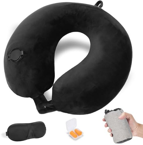 Cirorld Nackenkissen Flugzeug Aufblasbar, Reisekissen Flugzeug Nackenkissen, Nackenhörnchen Erwachsene, Aufblasbares Reisekissen mit Augenmaske und Ohrstöpsel(Schwarz)