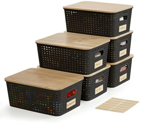Bagnizer Small Plastic Storage Bins with Bamboo Lids 5.2qt Stackable Box Basket Pantry Decorative Containers Cute with Lable for Organizing Desktop Closet Office Black of 6 packs 10 * 7.2 * 4.1'’