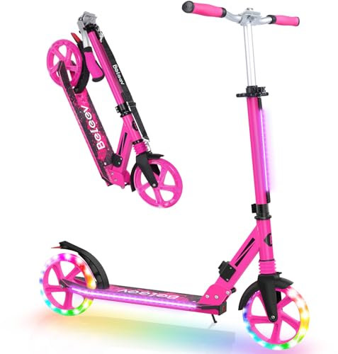 BELEEV Big Wheel Scooter mit LED Leuchtenden Lenksäule, Deck, Wheels, Höhenverstellbar, ABEC-9, 200mm Räder,Federung,Tragegurt, Faltbare Cityroller Kinder ab 6 Jahre,Jugendliche,Erwachsene, Tretroller