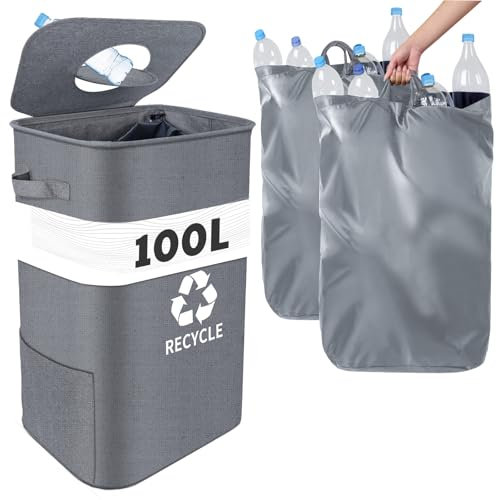 BITIWEND Pfandflaschen Sammelbehälter 2 Innentaschen, Leergut-Sammelbehälter, Pfandbehälter 100L mit Deckel, Küche Pfandflaschen Behälter, Wasserdicht/Mit Griff/Leicht Montierbar, Grau