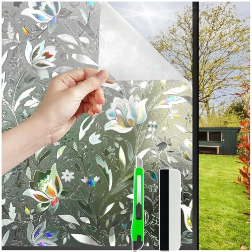 HONLONE Stained Glass Window Film Privacy Film For Glass Windows Rainbow Frosted Film Self Adhesive Decorative Film Opaque Flower Pattern Hydro Tint