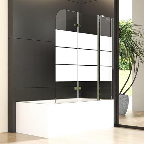 Duschwand für Badewanne 160x140cm 3-teilig Faltbar Duschabtrennung mit festem Segment, Goezes Gestreift Glas Badewannenaufsatz Duschtrennwand mit 6mm ESG Sicherheitsglas, 160cm Badewannenwand