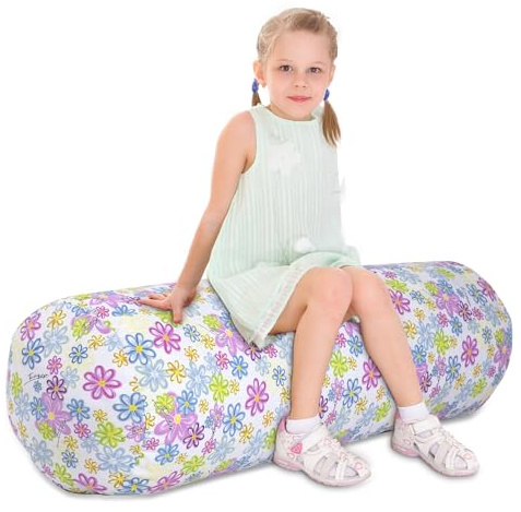 Kids Bean Bag Cover Only, Cute Stuffed Animal Storage Bean Bag Chair Without Filling, Large Soft Toy Storage Beanbag Chair Cover with Zipper, Flower