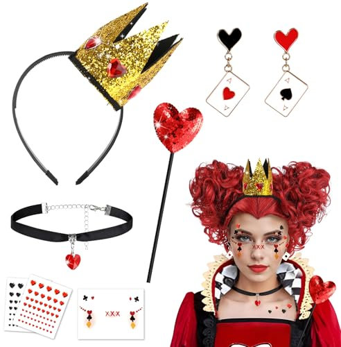 Beipegin 7PCS Accessori Regina di Cuori Costume Donna Bambina, Cerchietto Corona Regina di Cuori Orecchini Scettro Collana Cuore Rosso Strass Viso, Accessori Costume Carnevale Halloween Cosplay Festa