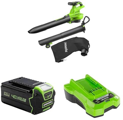 Greenworks 40V Aspirateur Souffleur sans Fil de Feuilles à Batterie avec Moteur sans Balais,370km/h, 4.17m³/Min, Sac pour Mulching de 45L, 4Ah Batteries et Chargeur, Garantie 3 Ans