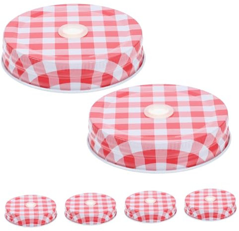 CHILDWEET 6pcs Wide Mouth Mason Jar Lids with Straw Hole, Red Plaid Iron Caps, Reusable Jam Jar Covers for Glass Beverage Storage and Dust Protection