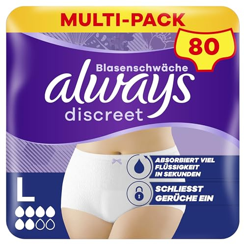 Always Discreet Inkontinenz Pants Gr. L, Normal, 80 Höschen (8 x 10 Stück) für Damen, schliesst Gerüche und Flüssigkeit sofort ein