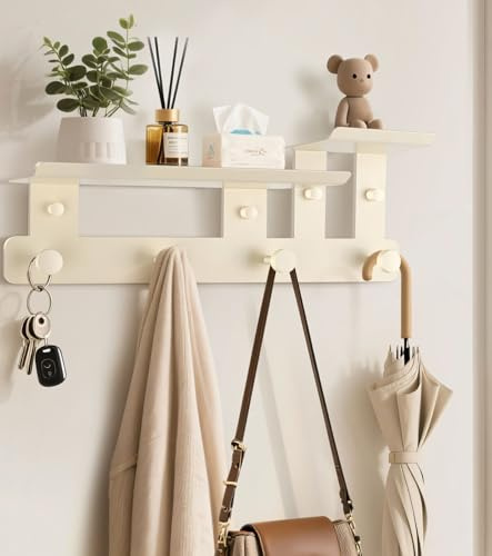 2025 new coat rack wall mount with shelf, shelf with hooks comstructed from premium carbon steel, wall with hooks for entryways, bedrooms, living rooms, bathrooms. (cream white, Small size)