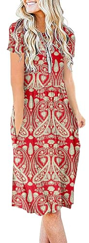 AUSELILY Damklänningar, sommar, sommarklänningar, knälång, kortärmad, Empire, fritidsklänning, chic, skjortklänningar med fickor, Ny paisley röd, 3XL
