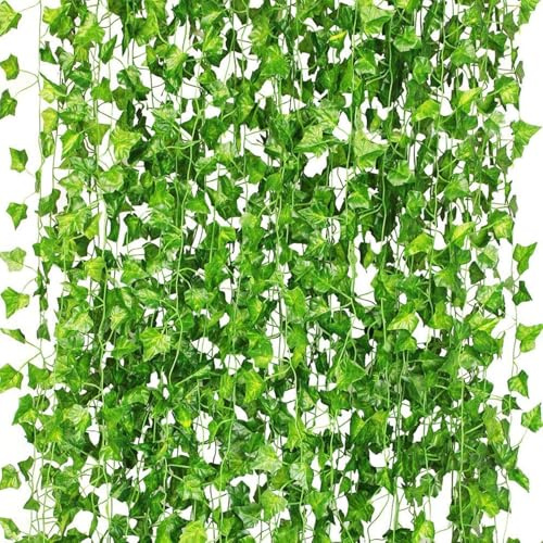Oenothera 12 Stück Kunstpflanze Hängend Deko Vorhang | Grün Kunst Efeu, Fake Plants Room Decor für Küche, Terrasse, Schaukel, Hochzeit, Büro, Party