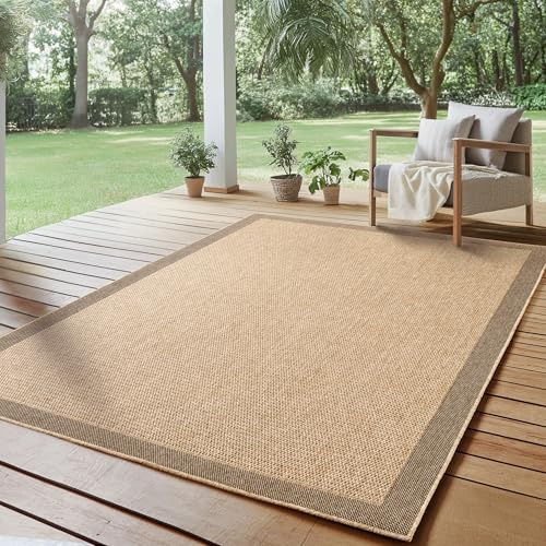 SIMPEX Outdoor Teppich 200x290 cm Wetterfest Pflegeleicht Jute Natur Optik Bordüre Design für Wohnzimmer Esszimmer Schlafzimmer Terrasse Balkon Garten