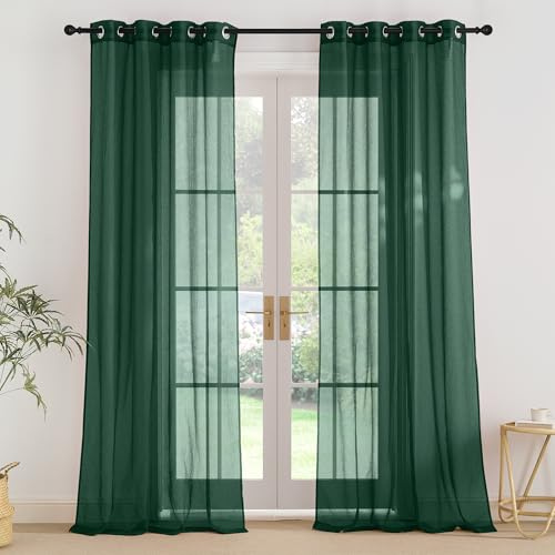 PONY DANCE Extra Lange Vorhänge Dunkelgrün Voile Gardinen mit Ösen Wohnzimmer Vorhang Transparent Ösenschal 2er Set H 260 x B 140 cm Durchsichtige Gardine Leinenoptik Dunkelgrün