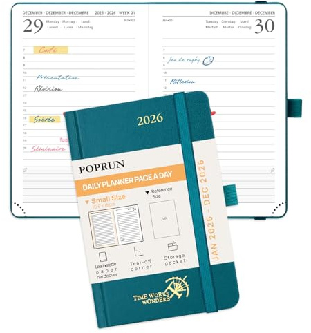 POPRUN Kalender 2026 Tagesplaner Hardcover 16 x 10,5 cm, Tageskalender A6 1 Tag 1 Seite (Montag - Sonntag), Terminplaner (Jan.2026-Dez.2026) mit Stiftschlaufe - Pazifikgrün