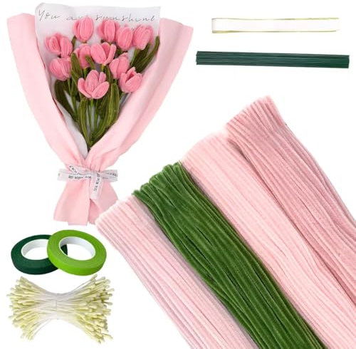 CNMTCCO Pfeifenreiniger, 400 Stück Pfeifenputzer zum Basteln, Pfeifenputger zum Basteln mit Schleifenband, Blumen Staubblatt, Blumendraht Für DIY Blumensträuße (Rose)