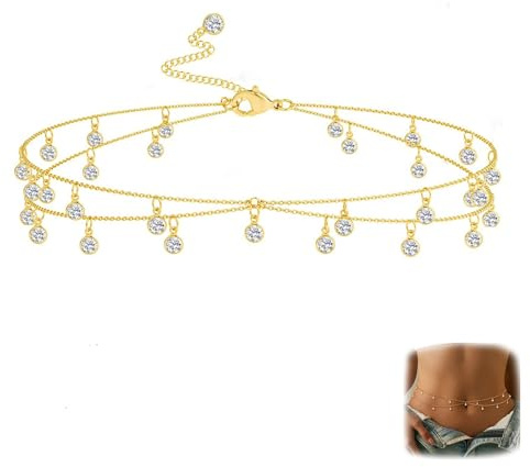 Belly Chain Gold Waist Chain: Gold Plated Belly Chains - Adjustable Waterproof Body Waist Chains - Sexy Bikini Satellite Beads Diamond Multi-Layer Chains for Women