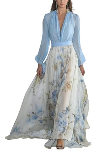 SUYUKU Women's Summer Dress Boho Deep V Neck Casual Maxi Dresses Elegant Long Sleeves Beach Long Dresses Lady Flower Chiffon Dresses Women Loose Dress S - XXL (UK, Alpha, XXL, Regular, Regular, Blue)